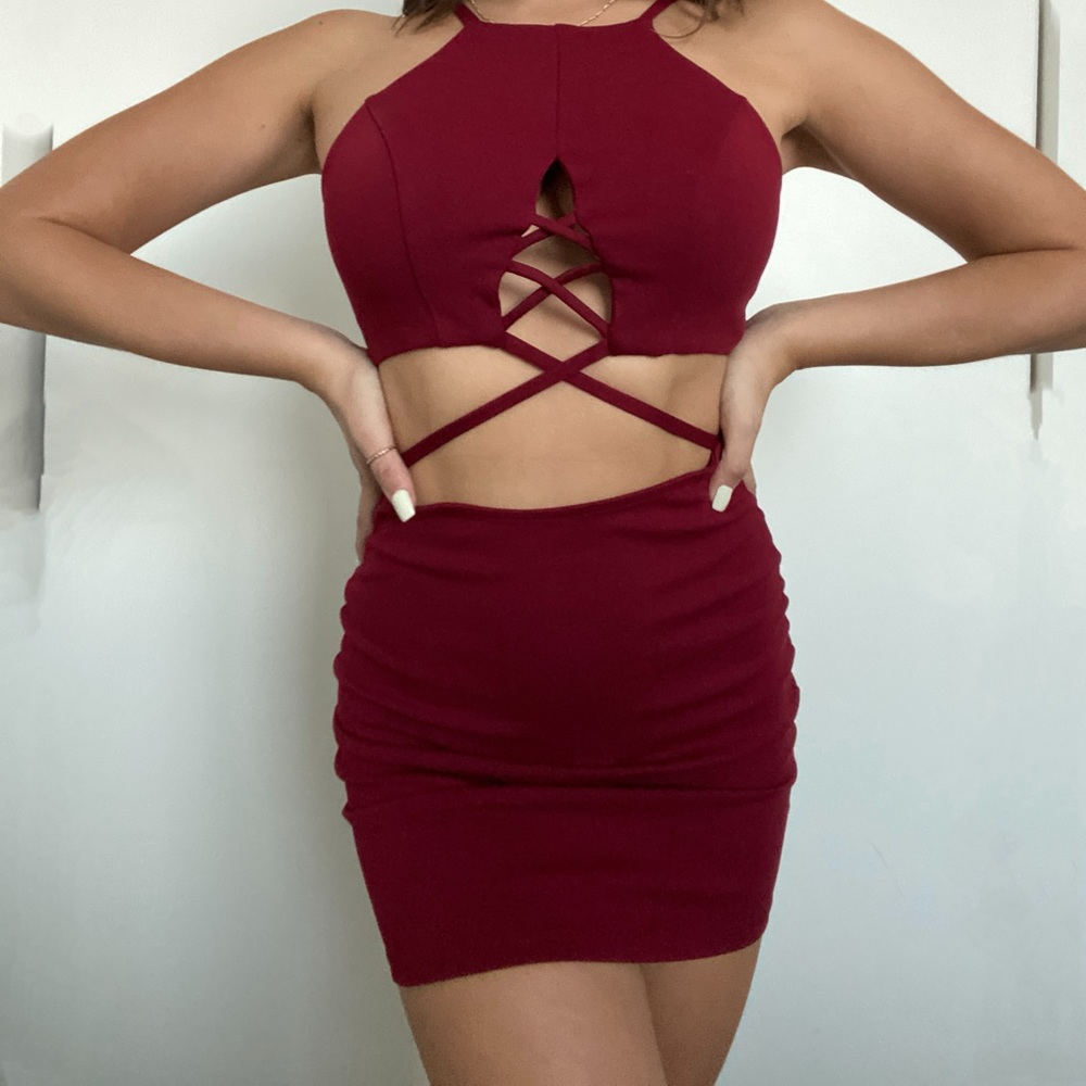 Hot red mini bodycon dress with strap